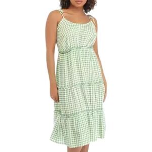 AS U Wish Gingham Smocked Tiered Midi Dress Green White Tie Shoulder Size L
